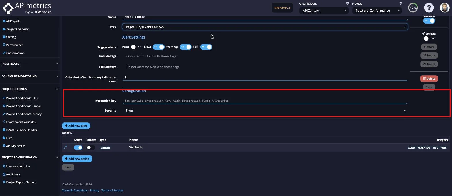 PagerDuty alert configuration with fields for the Integration Key and Severity level for triggered incidents