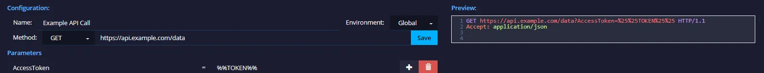 API call config with AccessToken set to %%TOKEN%% showing the URL-encoded request preview