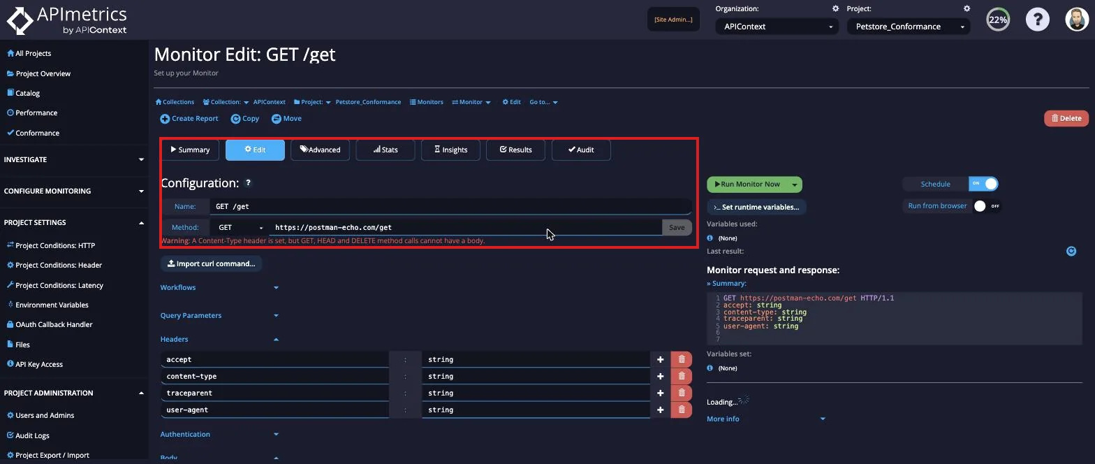 Monitor Edit — Configuration form Monitor Edit form showing the Name field, Method selector (GET), URL field, and Save button