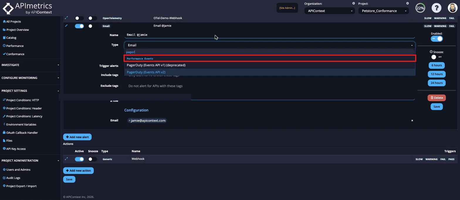 Alert Type dropdown open showing options including PagerDuty Events API v2 to select for the integration