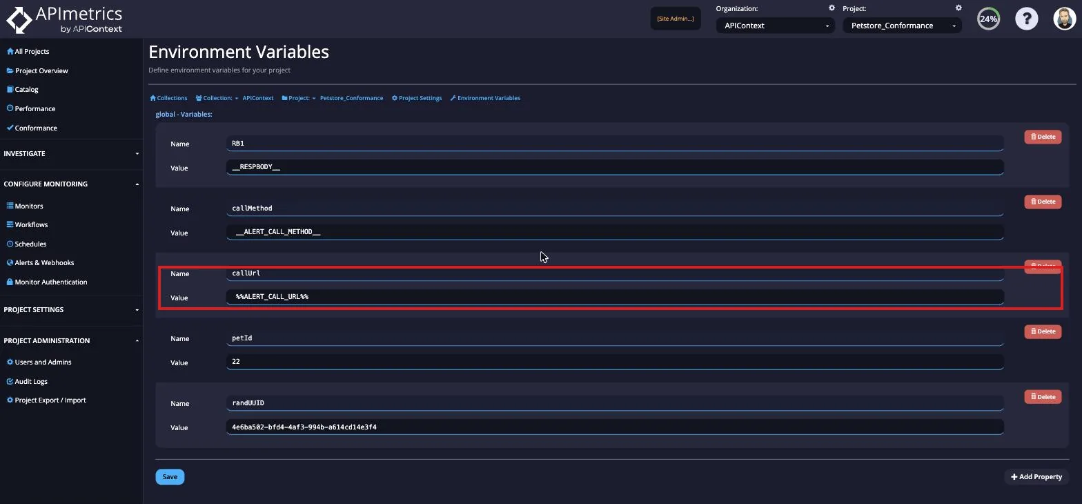 environment variable.png Environment Variables page defining name and value pairs for a project