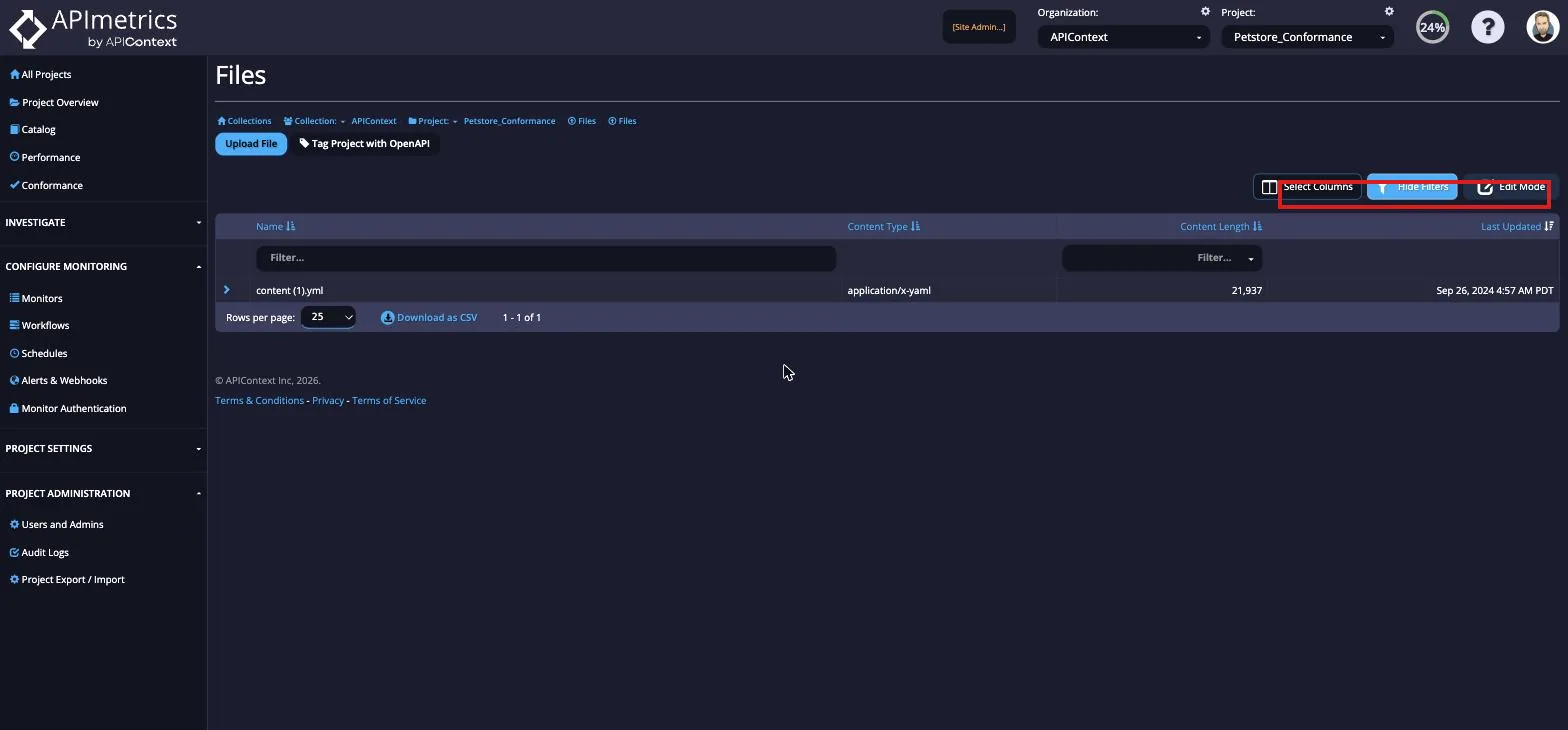APImetrics Files page listing an uploaded content file with type, length and last updated, plus an Upload File button